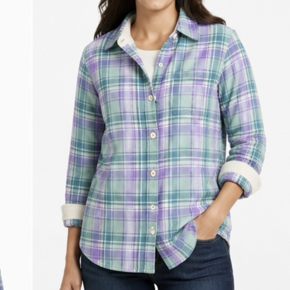 LL Bean Plaid Sherpa Lined Flannel Shirt Jacket Shacket Pocket SMALL PET